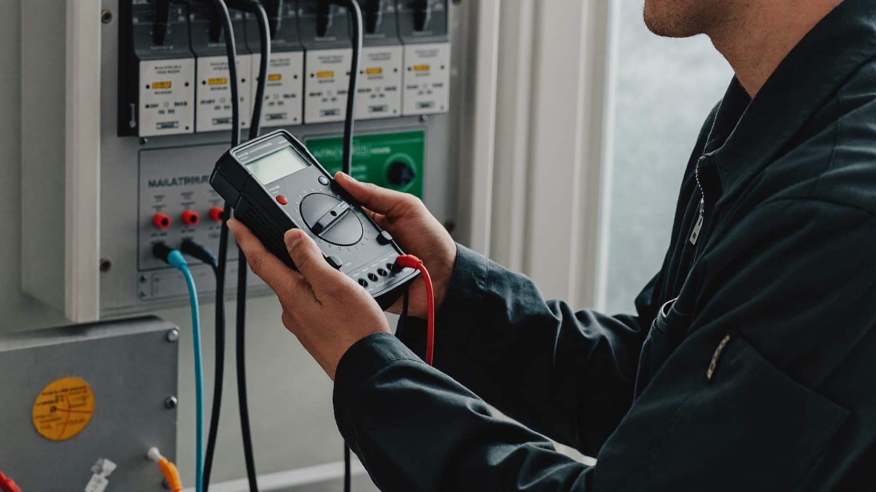 Technicus houdt een multimeter vast en meet aan een verdeelkast.